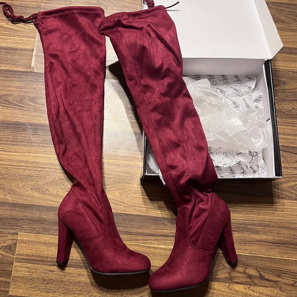 AmiClubwear KENDALL-SU Over-the-Knee Block Heel Boots in Wine Suede
